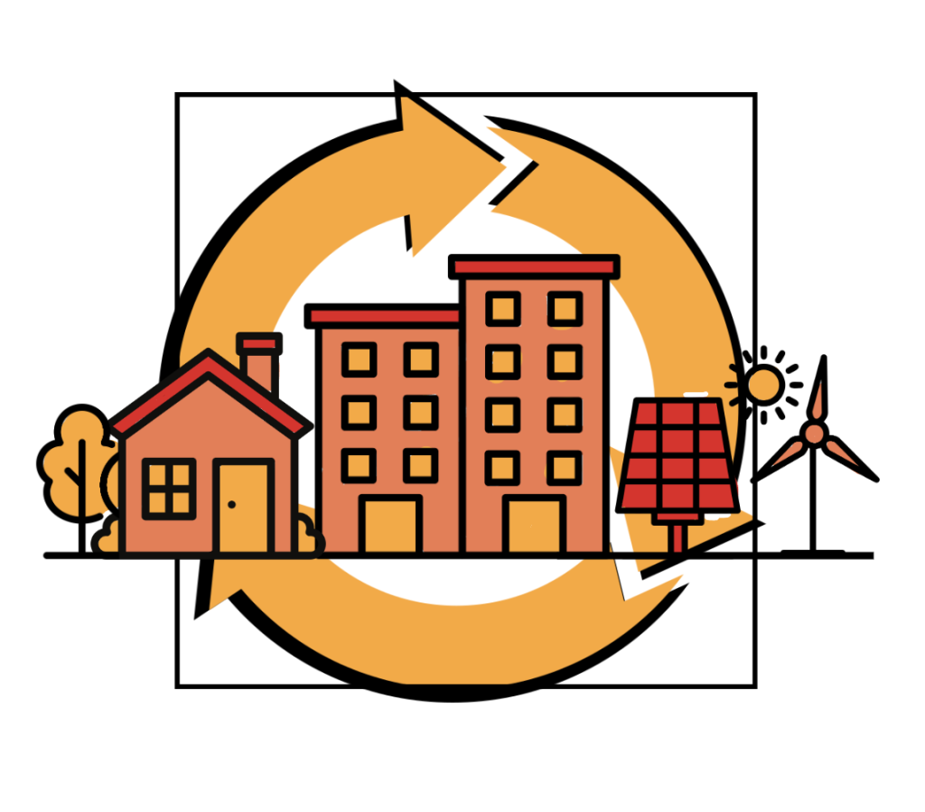  Icon featuring housing, buildings, a sun, trees, a solar panel, and windmill with circular arrows in the back.